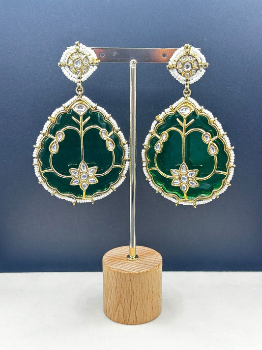 Pearl and Kundan Leaf Earrings - Stone Stories