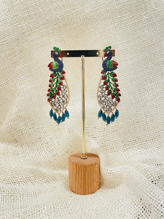 Blue Kundan Peacock Earrings - Stone Stories