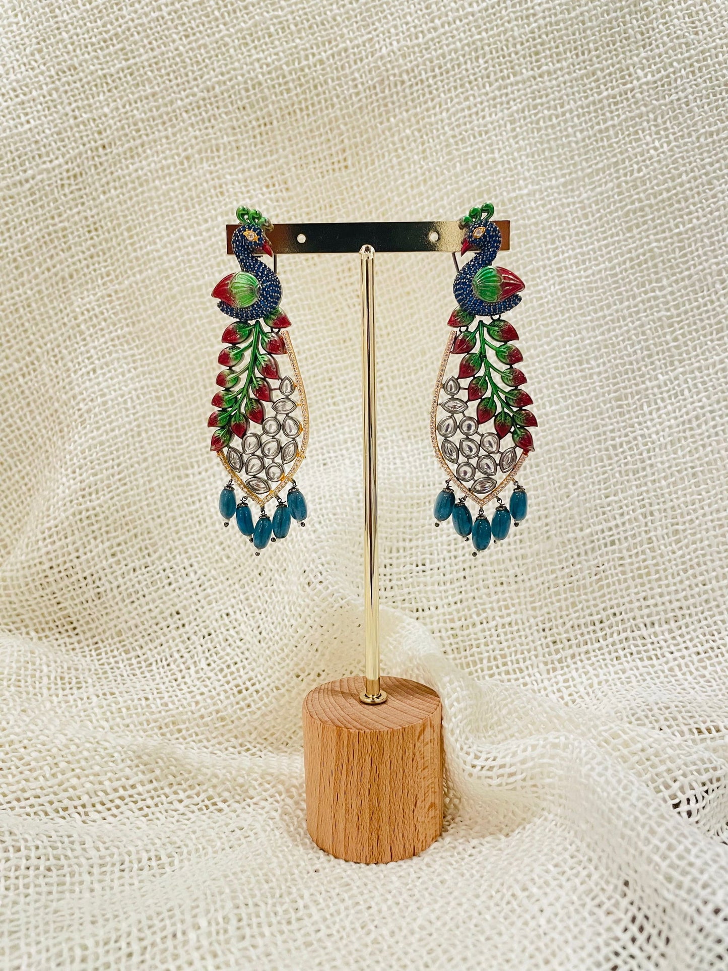 Blue Kundan Peacock Earrings - Stone Stories