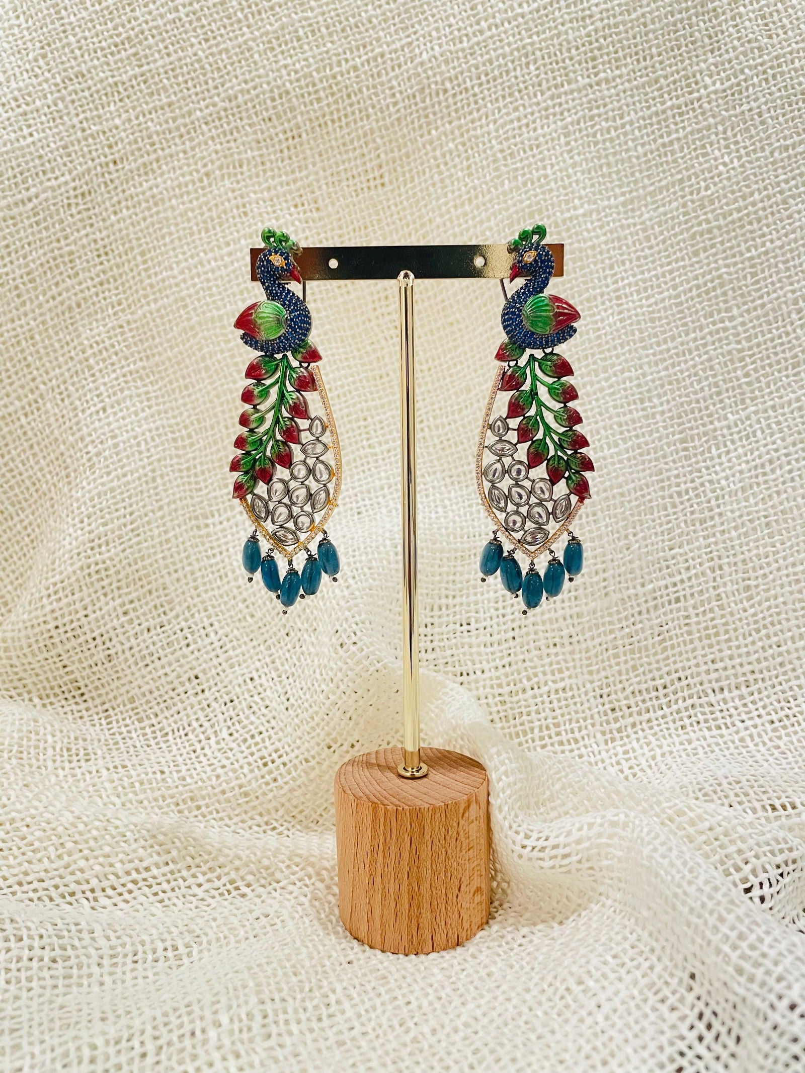 Blue Kundan Peacock Earrings - Stone Stories