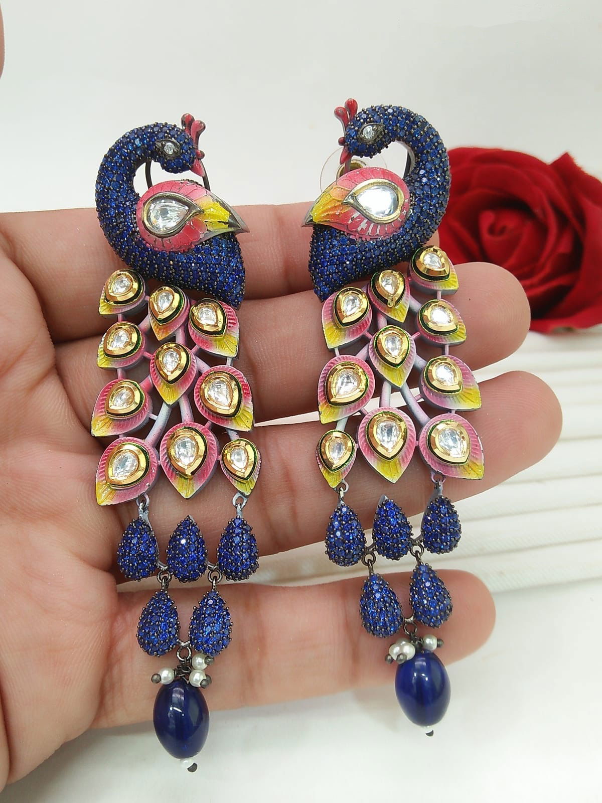 Jeweled Peacock feather Earrings - Stone Stories