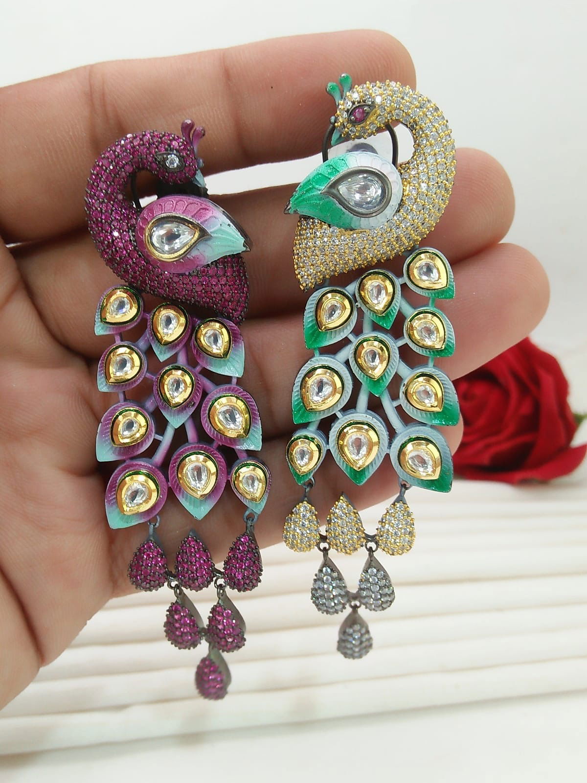 Jeweled Peacock feather Earrings - Stone Stories