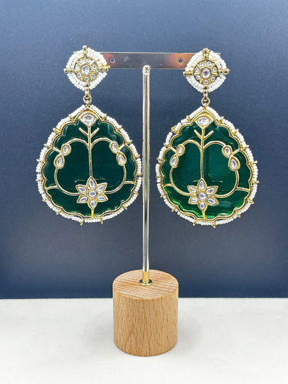 Pearl and Kundan Leaf Earrings - Stone Stories