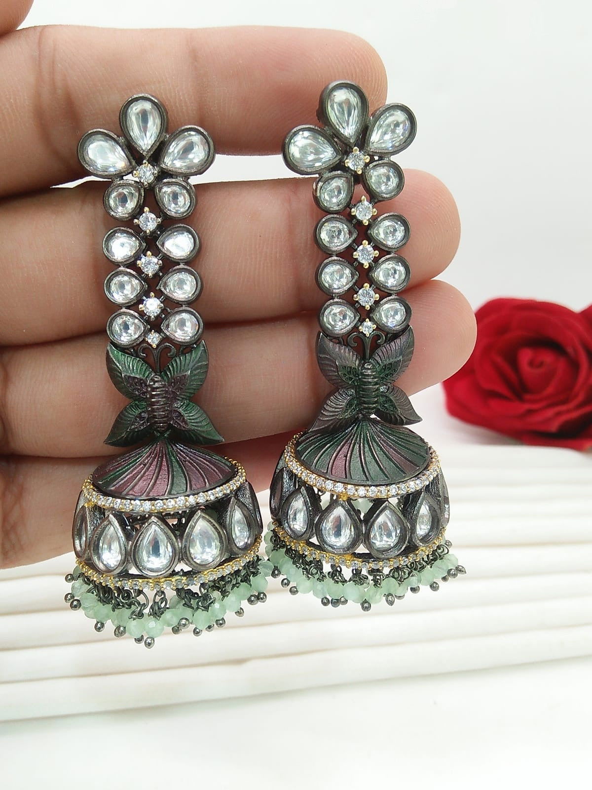 Teal Kundan Jhumki Earrings - Stone Stories