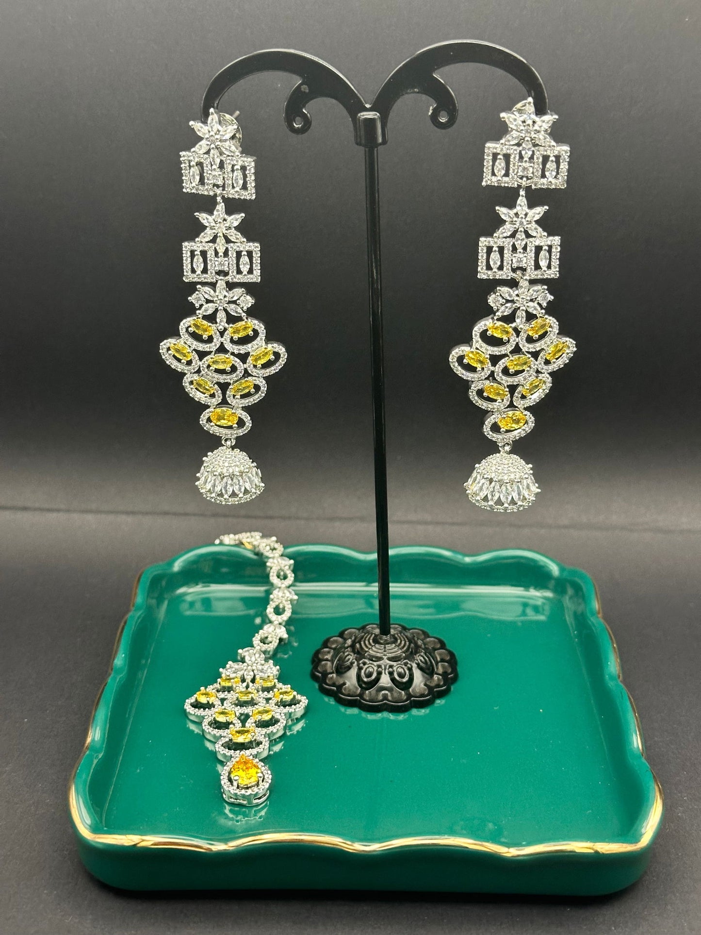 Yellow Chandelier Earring and Mang tikka Set - Stone Stories