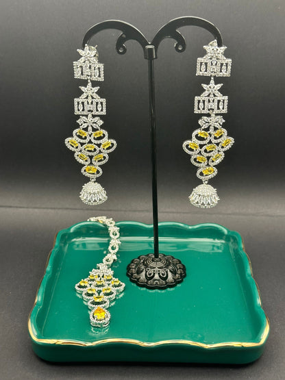 Yellow Chandelier Earring and Mang tikka Set - Stone Stories
