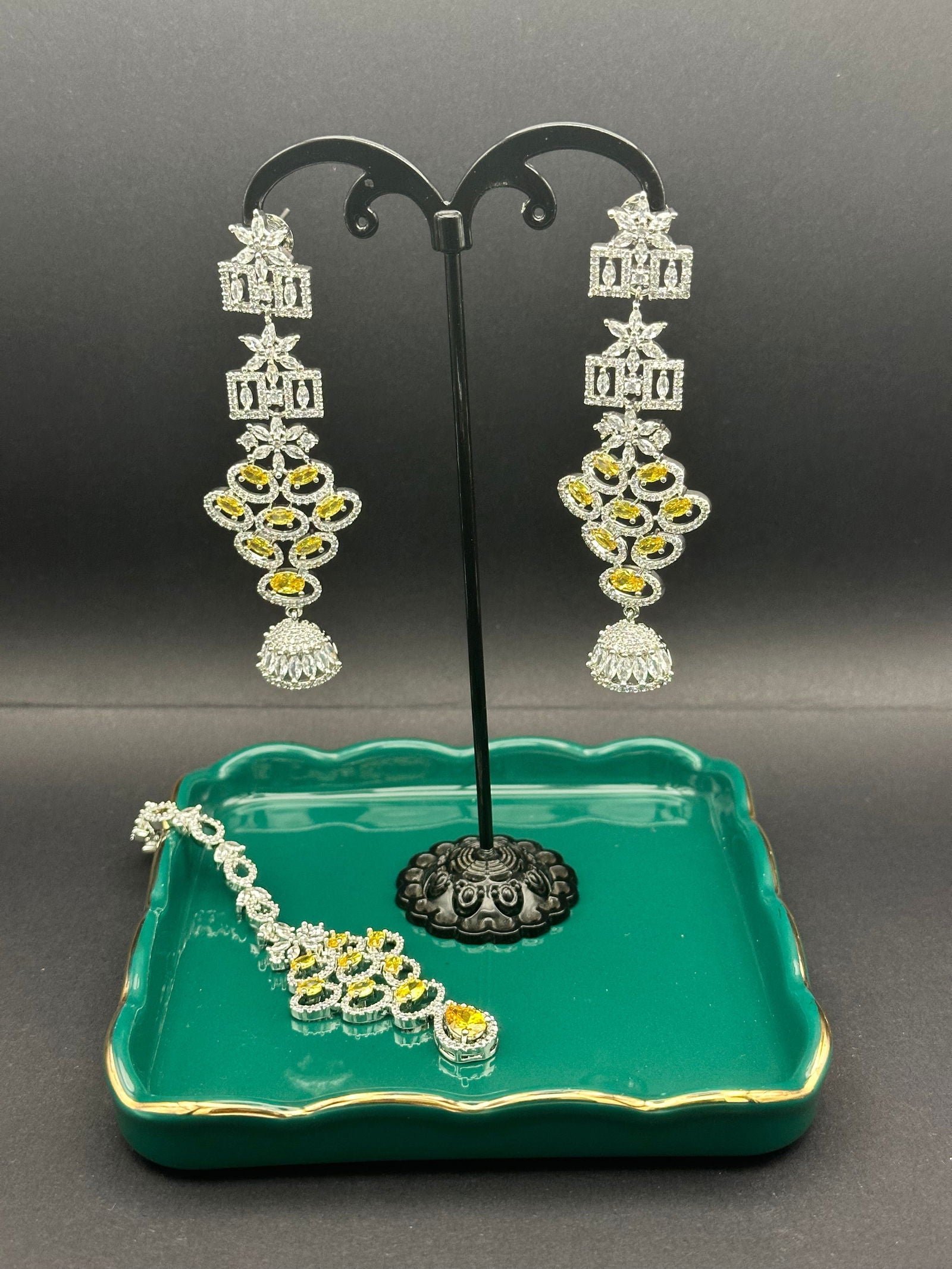 Yellow Chandelier Earring and Mang tikka Set - Stone Stories