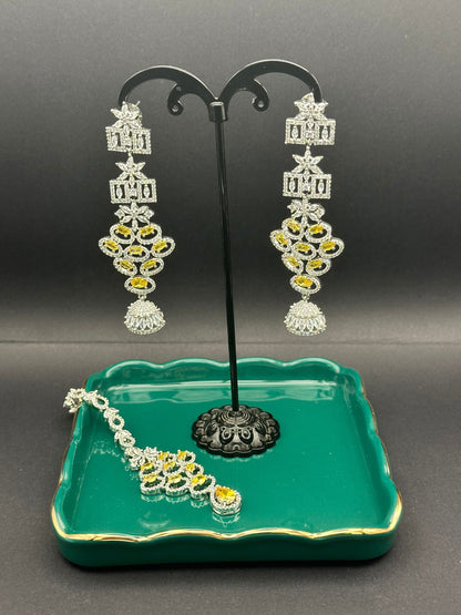 Yellow Chandelier Earring and Mang tikka Set - Stone Stories